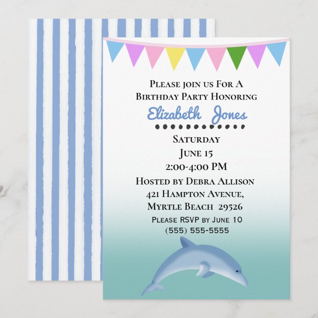 Invitación de cumpleaños para delfines (Anverso / Reverso)