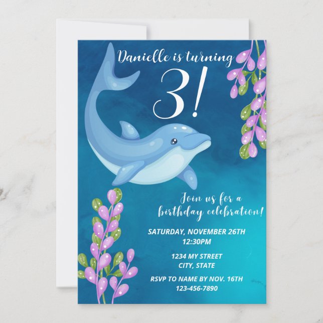 Invitación de cumpleaños para delfines (Anverso)