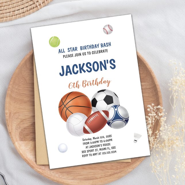Invitación de cumpleaños para deportes de fondo bl (White Sports Birthday Invitations)