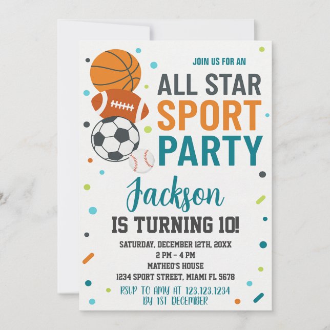 Invitación de cumpleaños para deportes modernos (Anverso)
