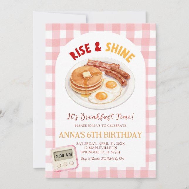 Invitación de cumpleaños para desayunar Red Gingha (Anverso)