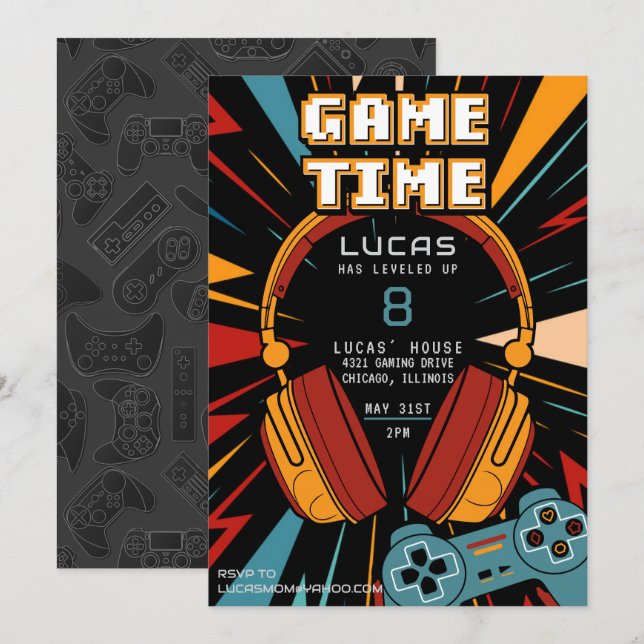 Invitación de cumpleaños para divertirse con juego (Anverso / Reverso)