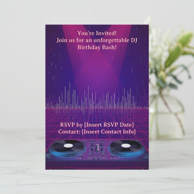Invitación de cumpleaños para DJ - Personalizable (Anverso de pie)