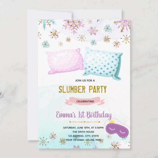 Invitación de cumpleaños para dormir en invierno (Anverso)