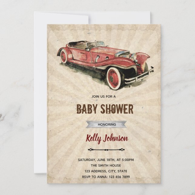 invitación de cumpleaños para ducha de auto retro (Anverso)