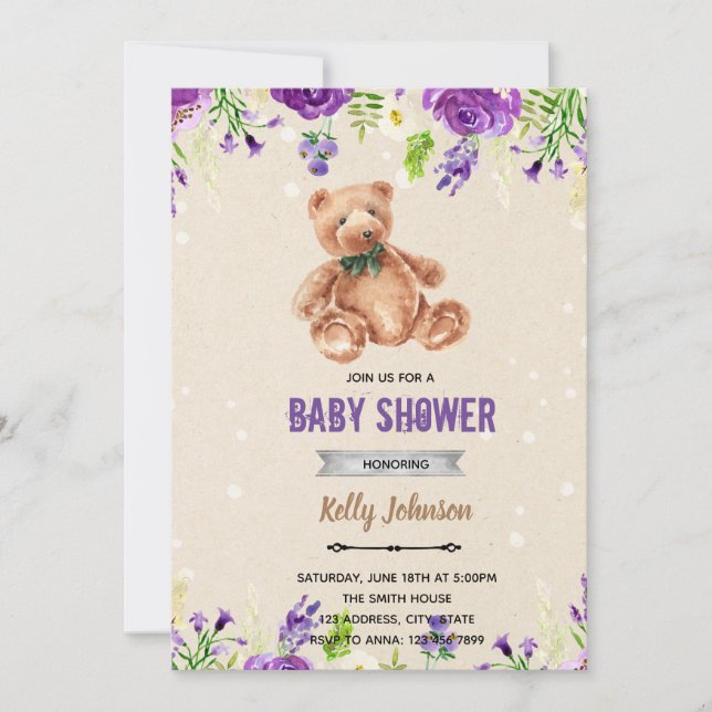Invitación de cumpleaños para ducha de oso de flor (Anverso)