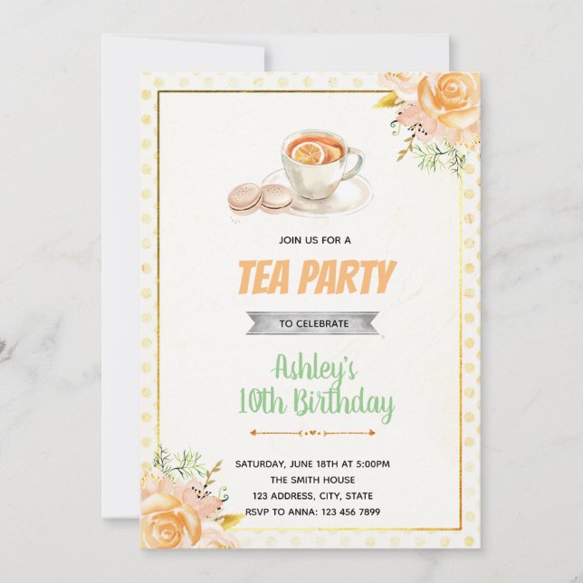 Invitación de cumpleaños para ducha de té y macaro (Anverso)