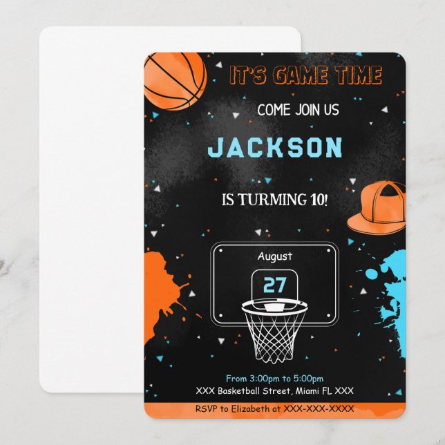 Invitación de cumpleaños para el baloncesto editab (Anverso / Reverso)