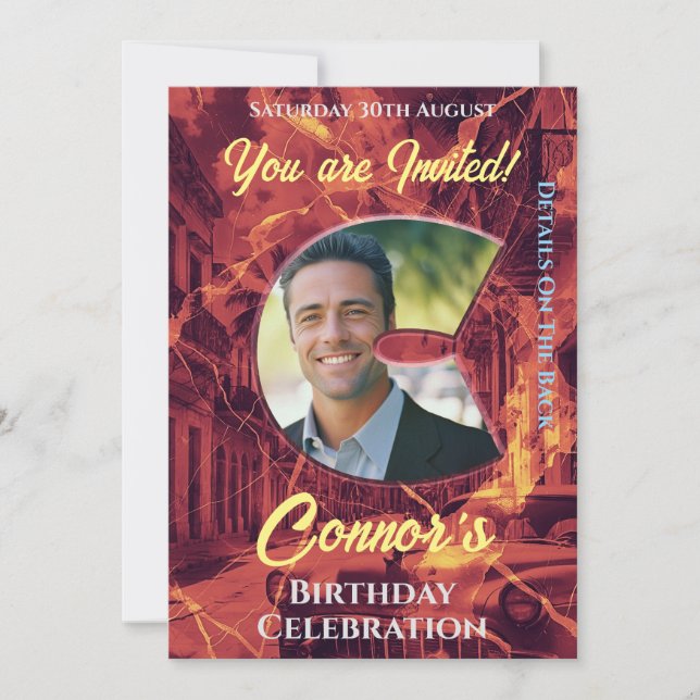 Invitación de cumpleaños para él con foto inicial  (Anverso)