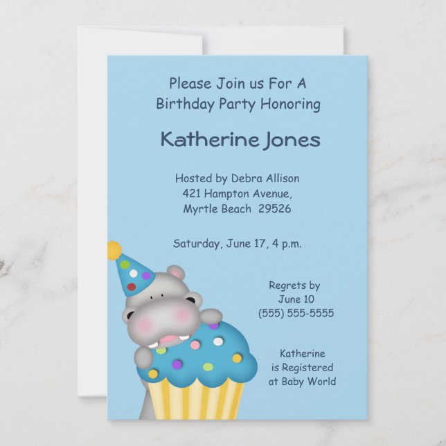 Invitación de cumpleaños para el pastel de Hippo (Anverso)