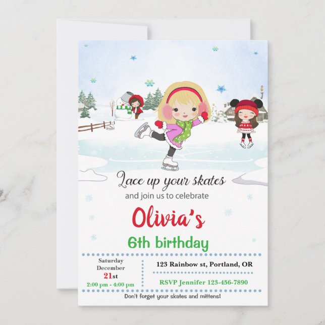Invitación de cumpleaños para el patinaje sobre hi (Anverso)