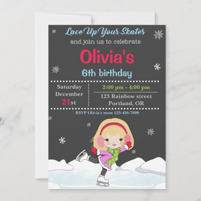 Invitación de cumpleaños para el patinaje sobre hi (Anverso)