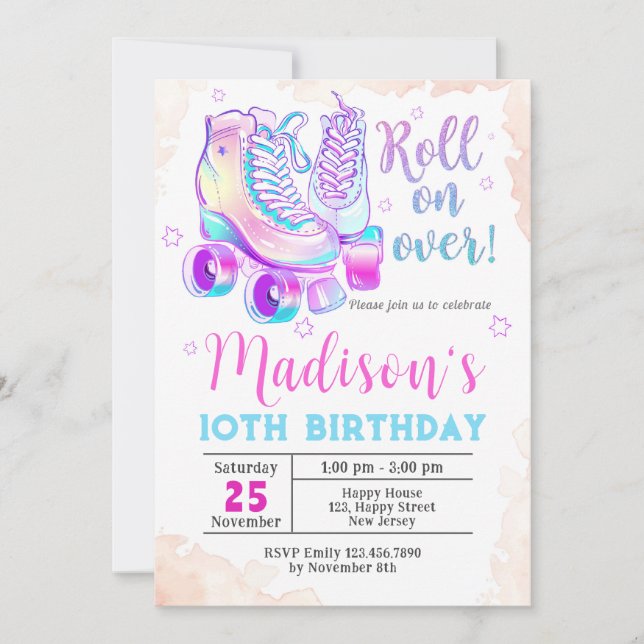 Invitación de cumpleaños para el patinaje sobre pa (Anverso)