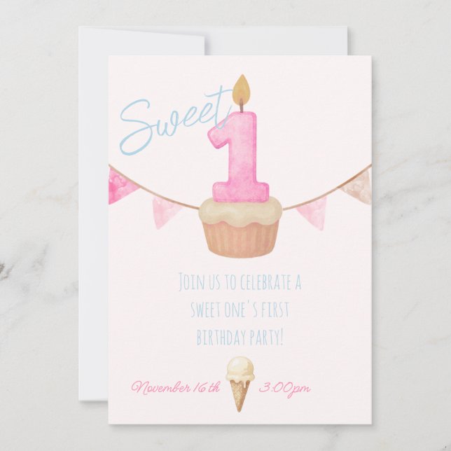 Invitación de cumpleaños para el primer cumpleaños (Anverso)