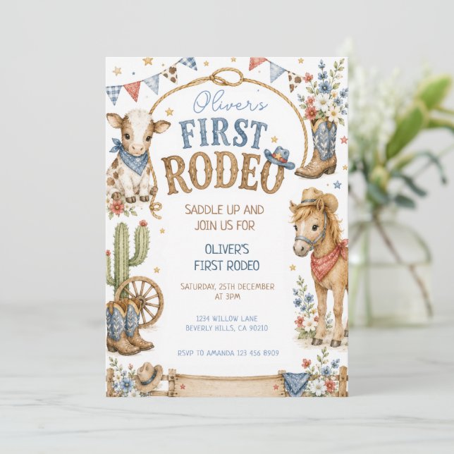 Invitación de cumpleaños para el primer rodeo de C (Anverso de pie)