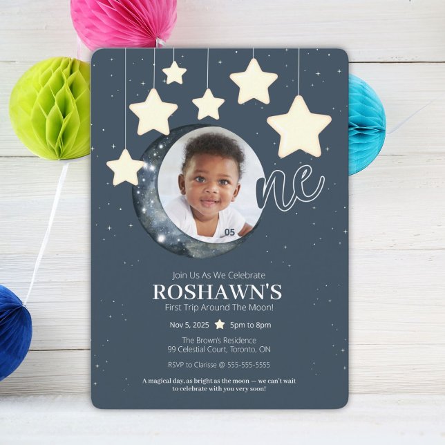 Invitación de cumpleaños para el primer viaje alre (Celebrate your little star’s first trip around the moon with this magical invitation!)