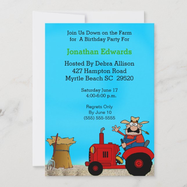 Invitación de cumpleaños para el tema del tractor  (Anverso)