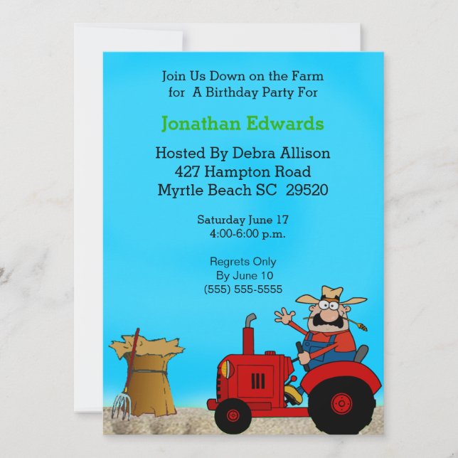 Invitación de cumpleaños para el tema del tractor  (Anverso)