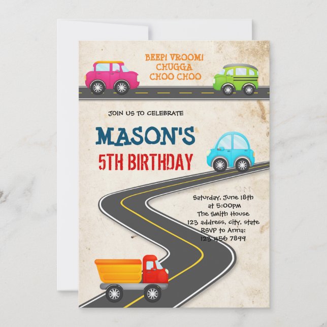 Invitación de cumpleaños para el transporte de veh (Anverso)