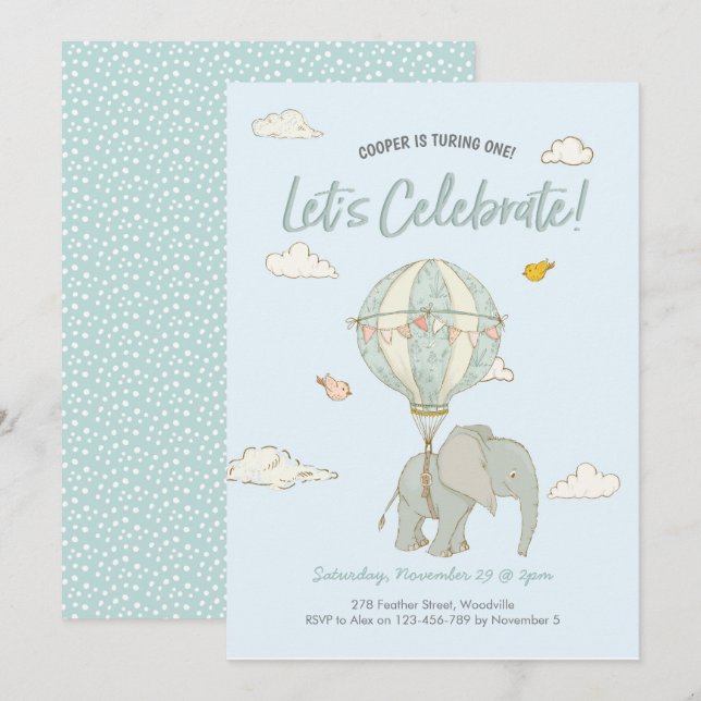 Invitación de cumpleaños para elefantes con globos (Anverso / Reverso)