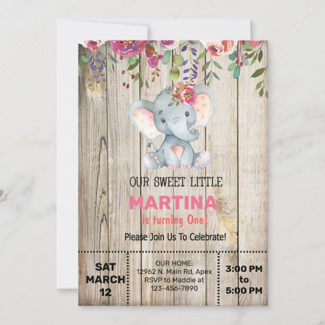 Invitación de cumpleaños para elefantes y chicas d (Anverso)
