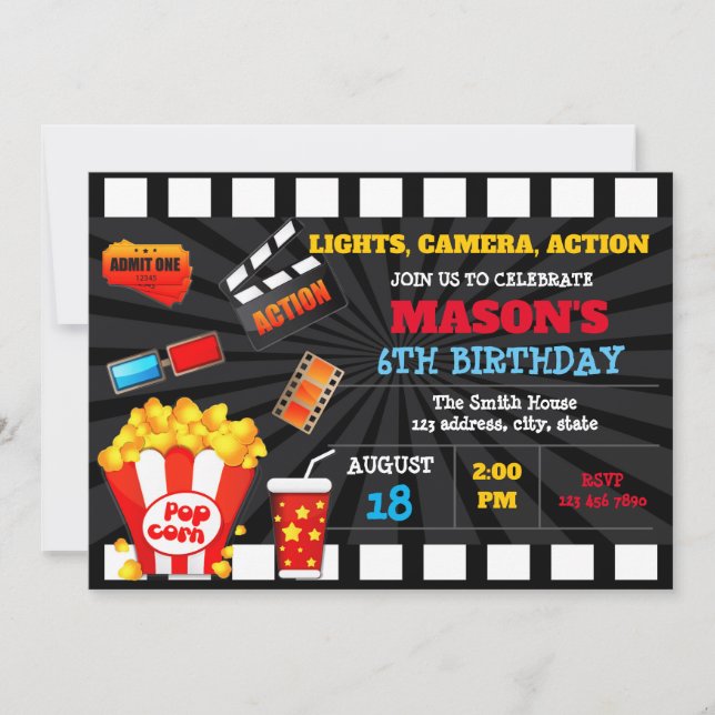 Invitación de cumpleaños para entradas de película (Anverso)