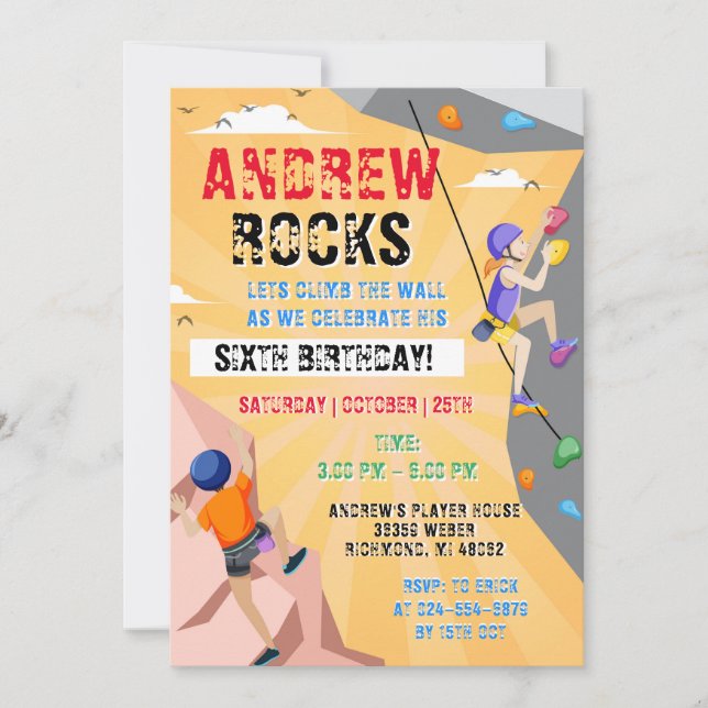 Invitación de cumpleaños para escalar rock persona (Anverso)