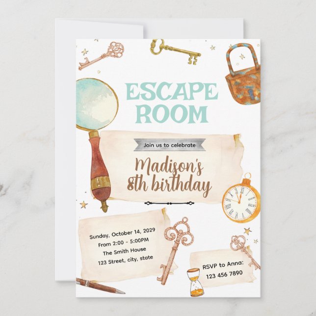 Invitación de cumpleaños para escape room (Anverso)