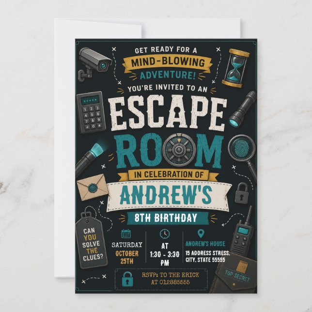 Invitación de cumpleaños para Escape Room de Miste (Anverso)