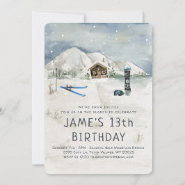 Invitación de cumpleaños para esquiar con snowboar
