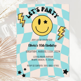 Invitación de cumpleaños para fiesta azul retro Pr