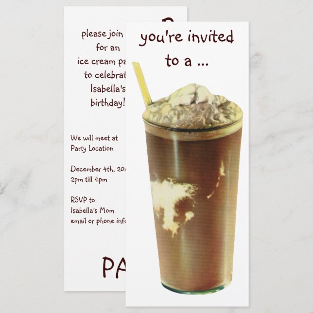 Invitación de cumpleaños para fiesta con batido de (Anverso / Reverso)