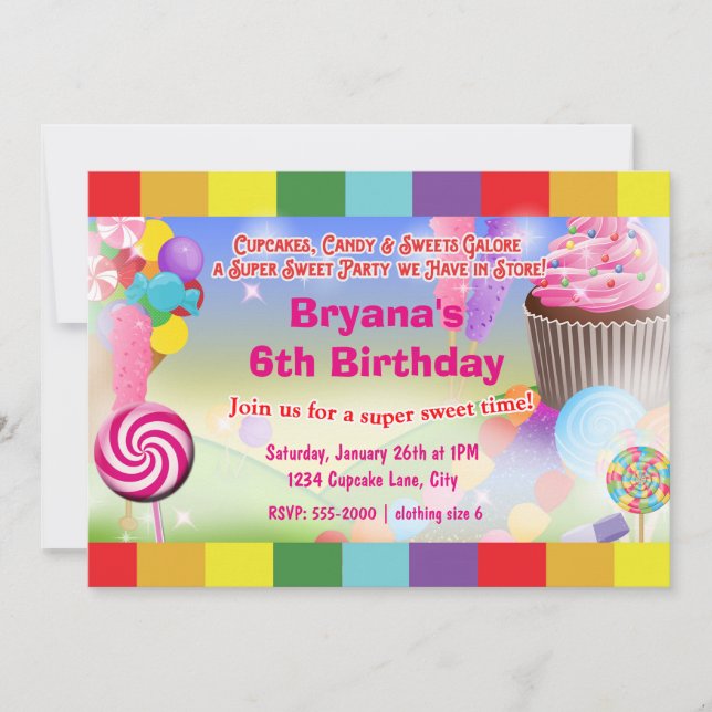 Invitación de cumpleaños para fiesta con cupcakes  (Anverso)