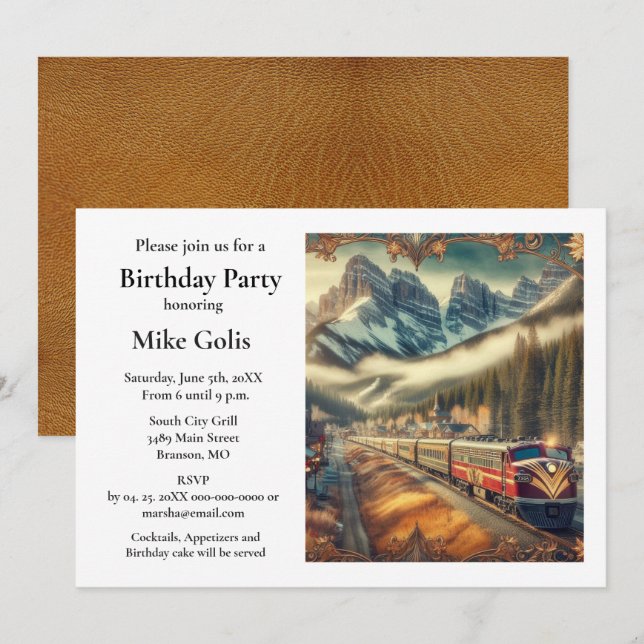 Invitación de cumpleaños para fiesta con tren de a (Anverso / Reverso)