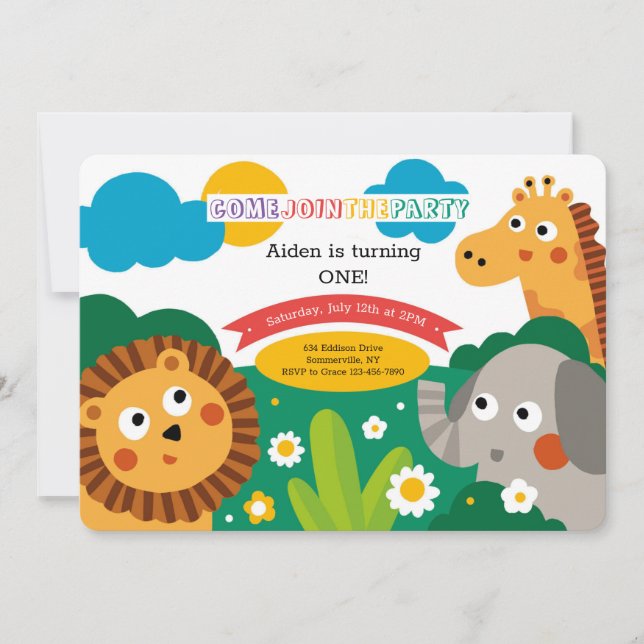 Invitación de cumpleaños para fiesta de animales d (Anverso)