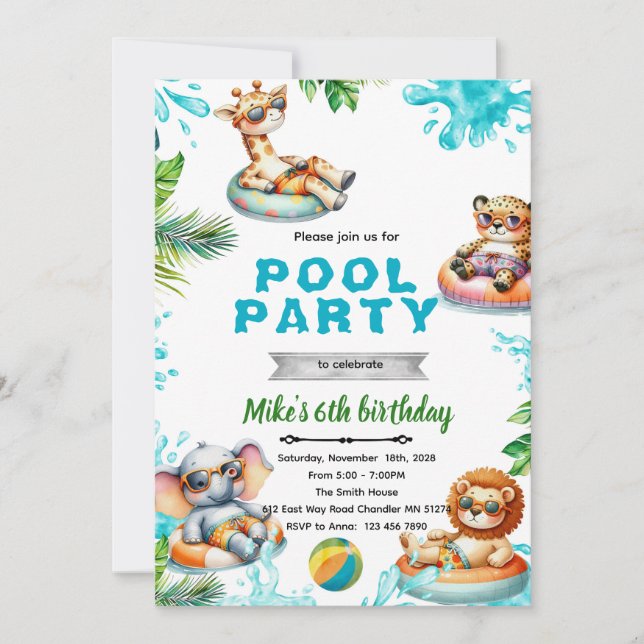 Invitación de cumpleaños para fiesta de animales d (Anverso)
