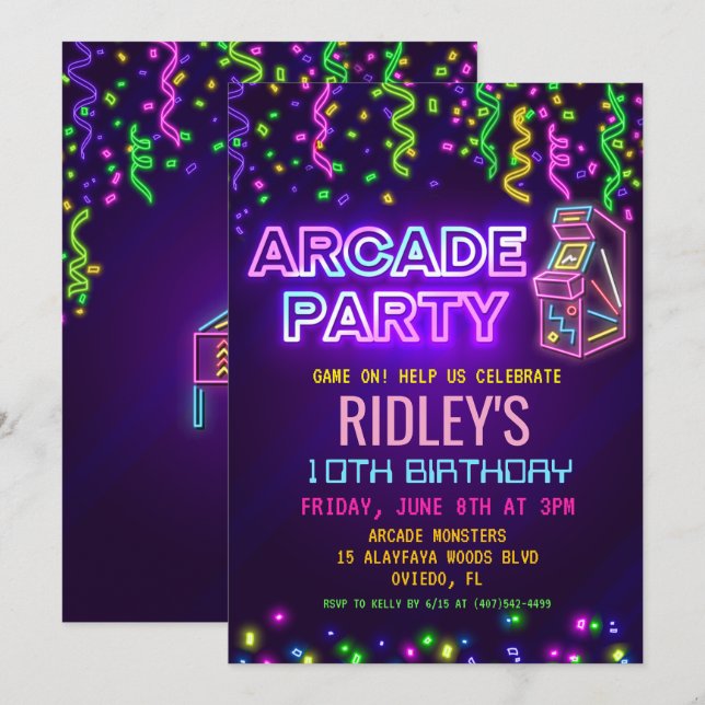 Invitación de cumpleaños para fiesta de arcade (Anverso / Reverso)