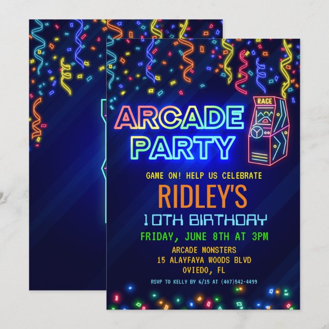 Invitación de cumpleaños para fiesta de arcade (Anverso / Reverso)
