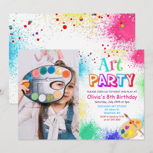 Invitación de cumpleaños para fiesta de arte para  (Anverso / Reverso)