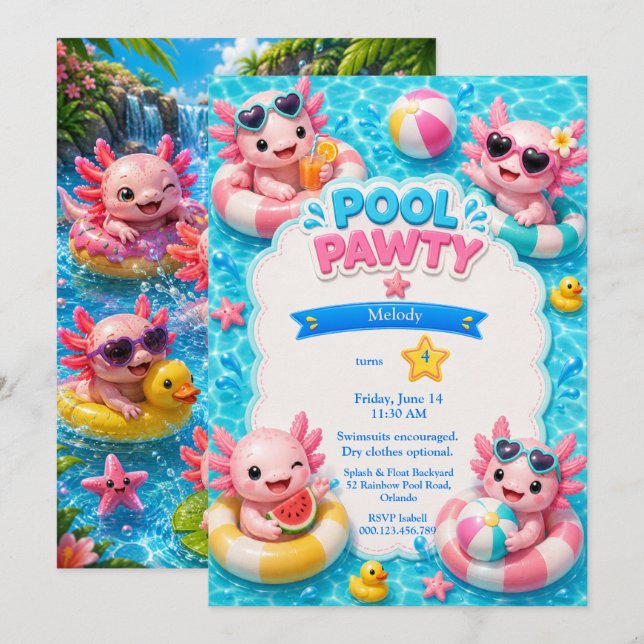 Invitación de cumpleaños para fiesta de axolotl en (Anverso / Reverso)