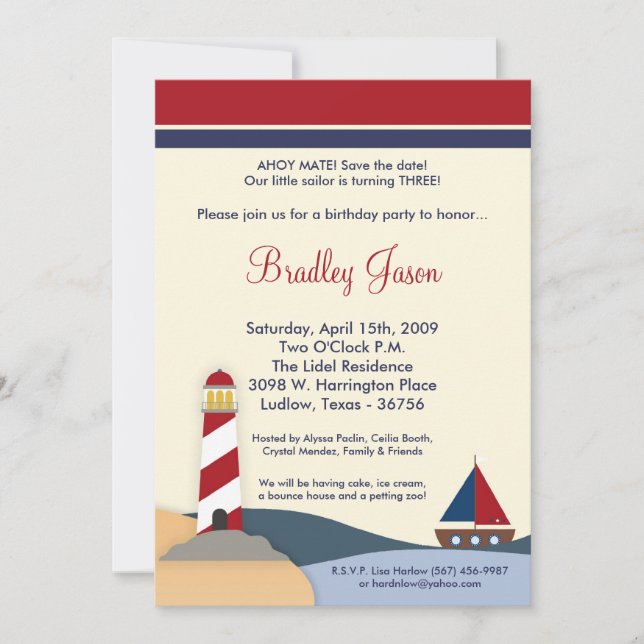 Invitación de cumpleaños para fiesta de barco de v (Anverso)