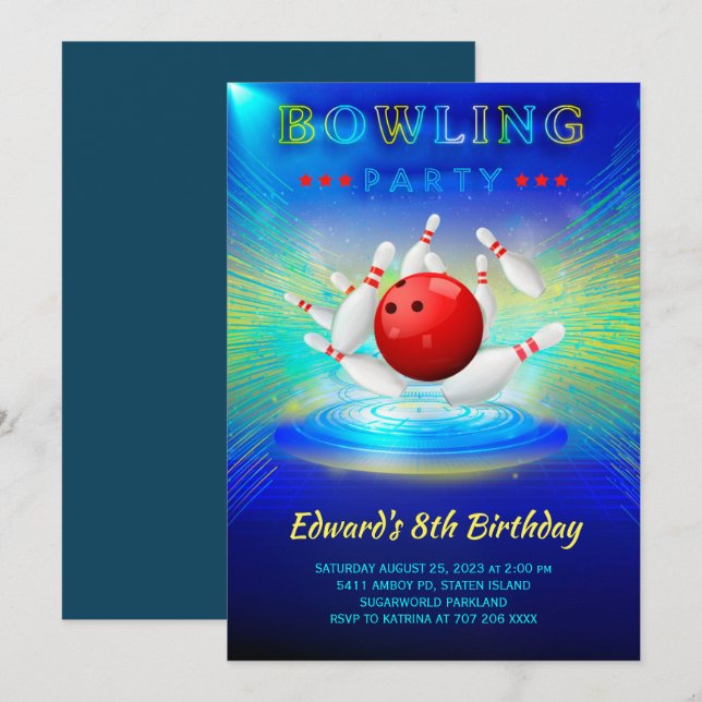 Invitación de cumpleaños para fiesta de bolos (Anverso / Reverso)