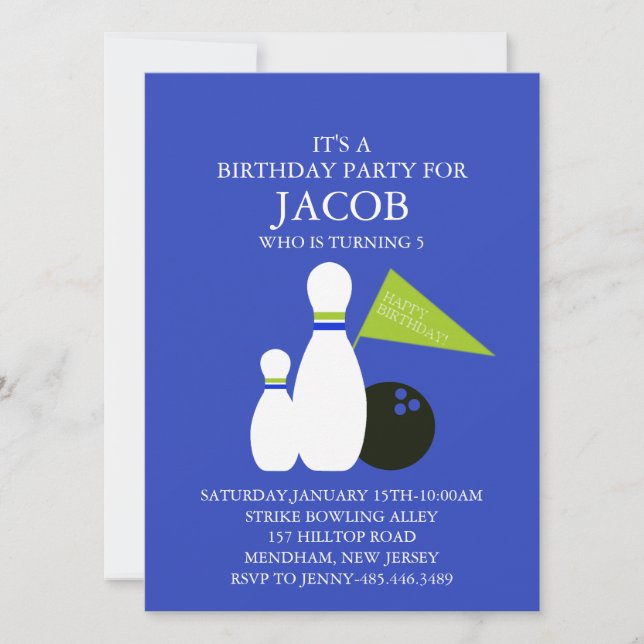 Invitación de cumpleaños para fiesta de bolos azul (Anverso)