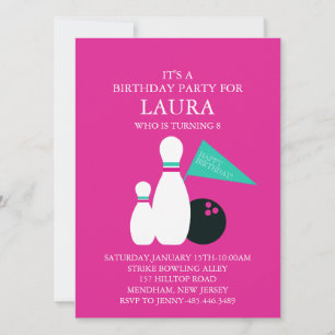 Invitación de cumpleaños para fiesta de bolos rosa