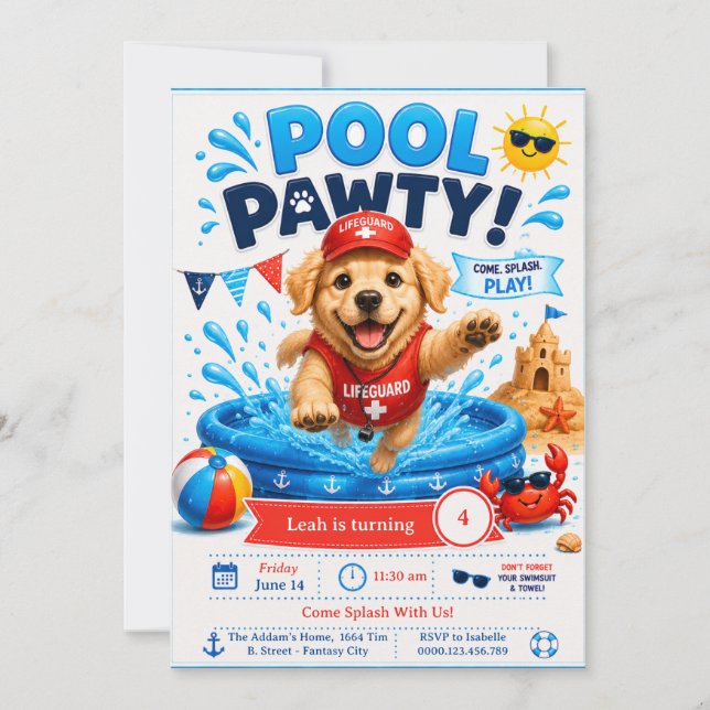 Invitación de cumpleaños para fiesta de cachorros  (Anverso)