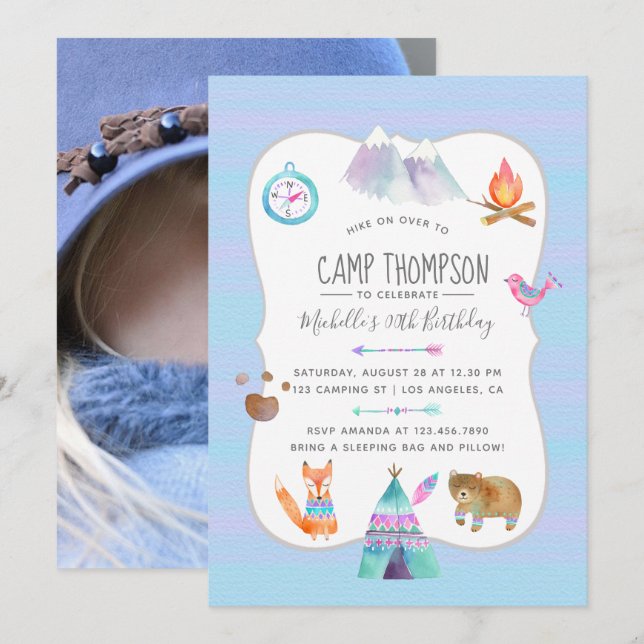 Invitación de cumpleaños para fiesta de camping co (Anverso / Reverso)