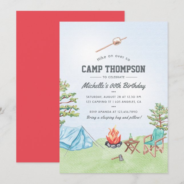 Invitación de cumpleaños para fiesta de camping co (Anverso / Reverso)