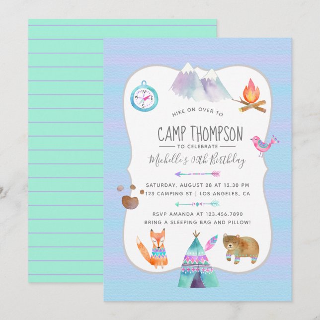 Invitación de cumpleaños para fiesta de camping co (Anverso / Reverso)