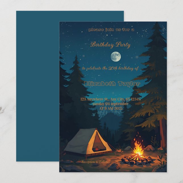 invitación de cumpleaños para fiesta de camping de (Anverso / Reverso)