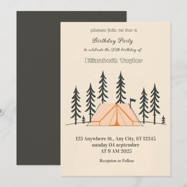 invitación de cumpleaños para fiesta de camping de (Anverso / Reverso)